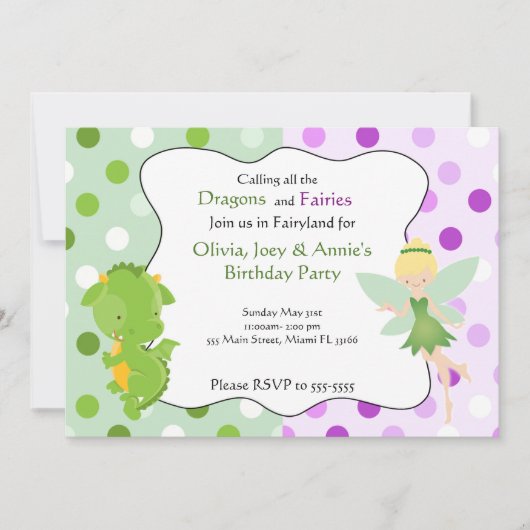 Dragon Fairy Paars Green Birthday Invite Kaart (Voorkant)