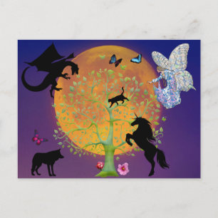 Dragon Fairy Unicorn Fantasy Tree en Full Moon Briefkaart