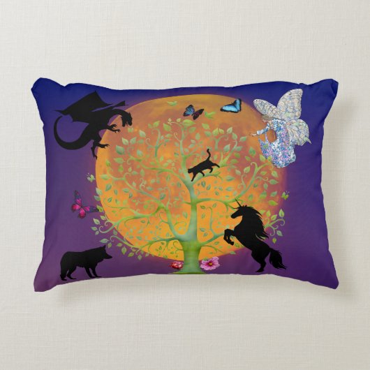 Dragon Fairy Unicorn Fantasy Tree en Full Moon T Accent Kussen (Voorkant)
