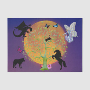Dragon Fairy Unicorn Fantasy Tree en Full Moon Tissuepapier