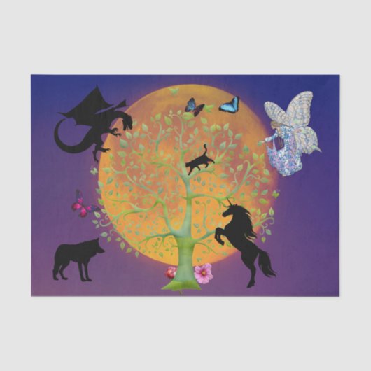 Dragon Fairy Unicorn Fantasy Tree en Full Moon Tissuepapier (Voorkant)