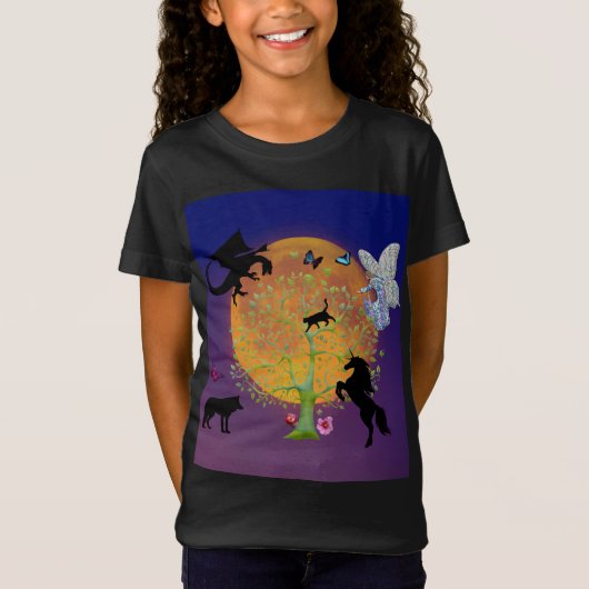 Dragon Fairy Unicorn Magical Fantasy Tree & Moon T-shirt (Voorkant)