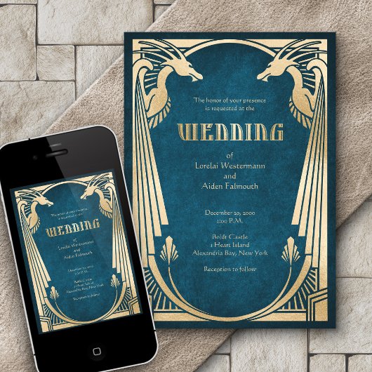 Dragon Fantasy Modern Deco Wedding Kaart