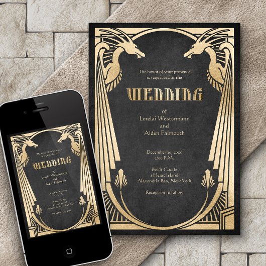 Dragon Fantasy Modern Deco Wedding Kaart