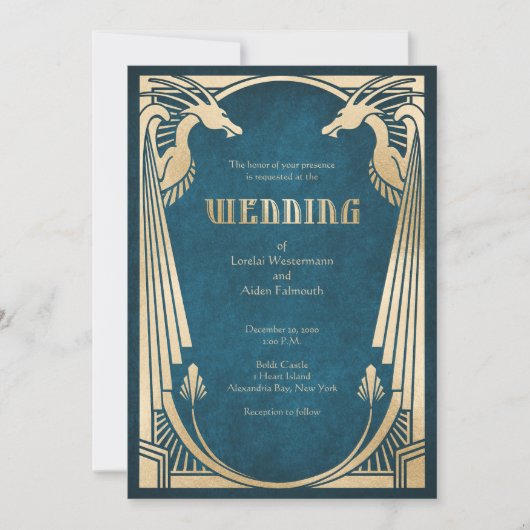 Dragon Fantasy Modern Deco Wedding Kaart (Voorkant)