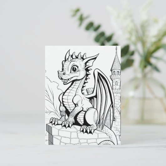Dragon Fantasy Zwart en Wit Kleurboek Stijl Briefkaart (Staand voorkant)