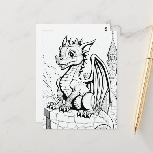Dragon Fantasy Zwart en Wit Kleurboek Stijl Briefkaart (Voorkant / Achterkant in situ)