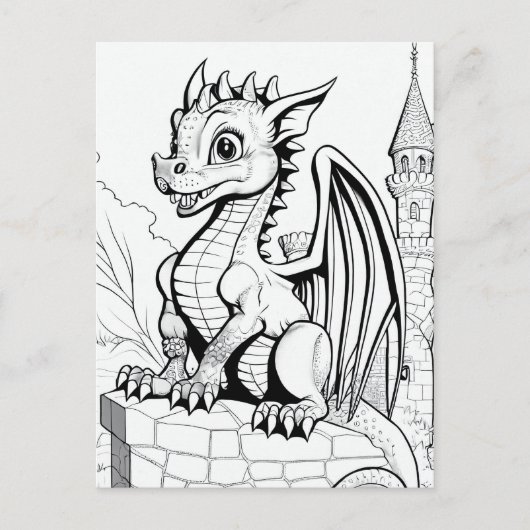 Dragon Fantasy Zwart en Wit Kleurboek Stijl Briefkaart (Voorkant)