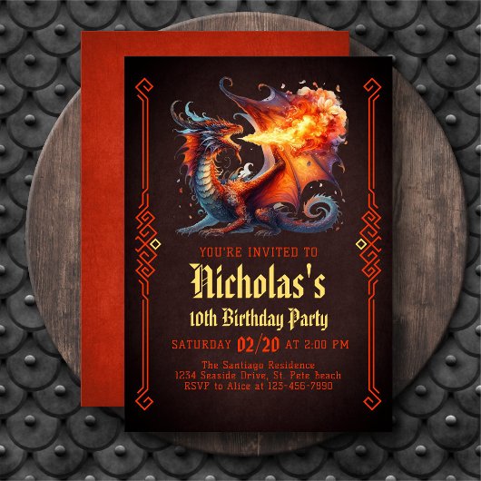 Dragon Fire Boys Fantasy Birthday Invitation Kaart