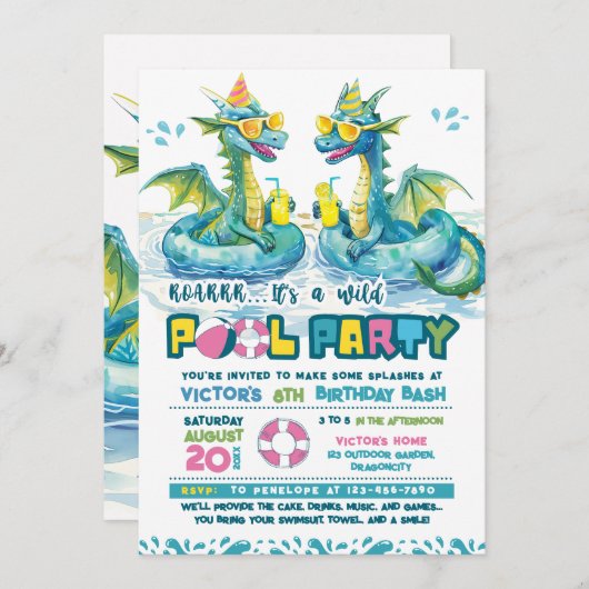 Dragon Fun Pool Party Uitnodiging voor verjaardag (Voorkant / Achterkant)