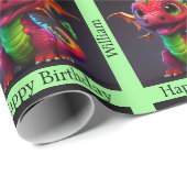Dragon Happy Birthday personalize Child's Name Cadeaupapier (Rol Hoek)