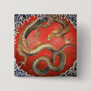 Dragon, Hokusai Japanese Fine Art Vierkante Button 5,1 Cm
