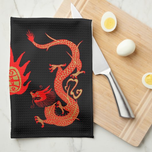  Dragon Holiday Rood en Zwart Theedoek (Quarter Fold)