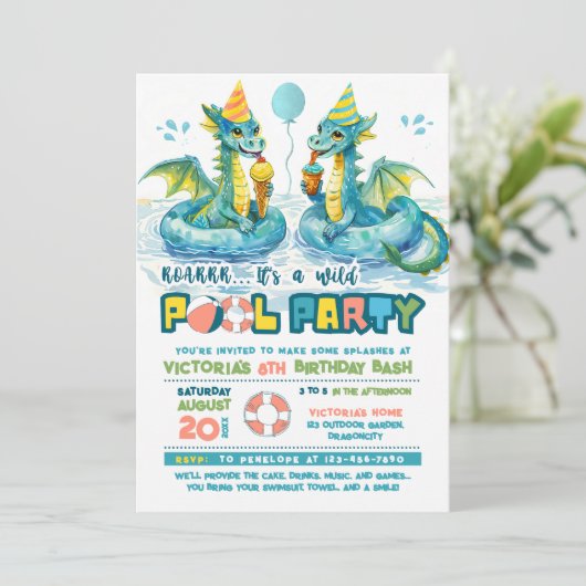 Dragon Ice Cream Pool Party Uitnodiging voor verja (Staand voorkant)