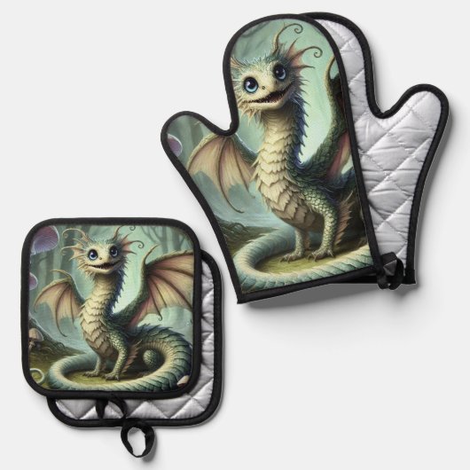 Dragon Jabberwocky Schattigee Fantasy Creature Art Ovenwant & Pannenlap Set (Voorkant / Achterkant)