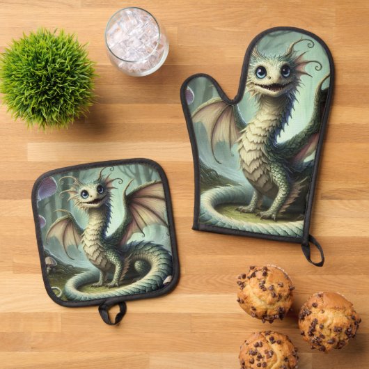 Dragon Jabberwocky Schattigee Fantasy Creature Art Ovenwant & Pannenlap Set (Top down)