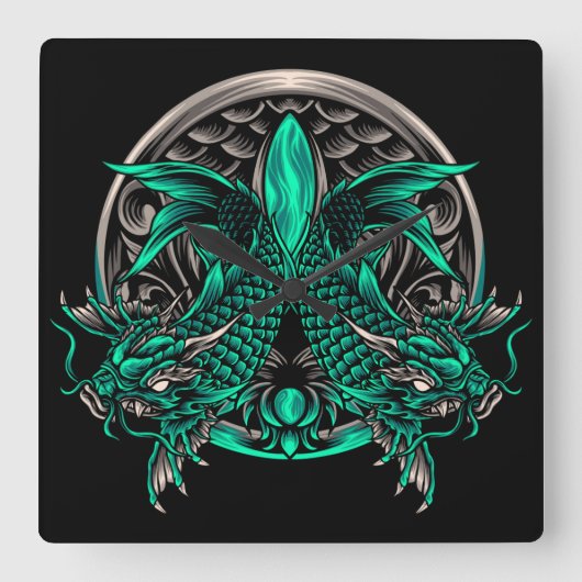 Dragon Koi Fish Vierkante Klok (Voorkant)