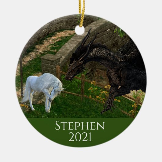 Dragon Meets Unicorn Fantasy Keramisch Ornament (Voorkant)