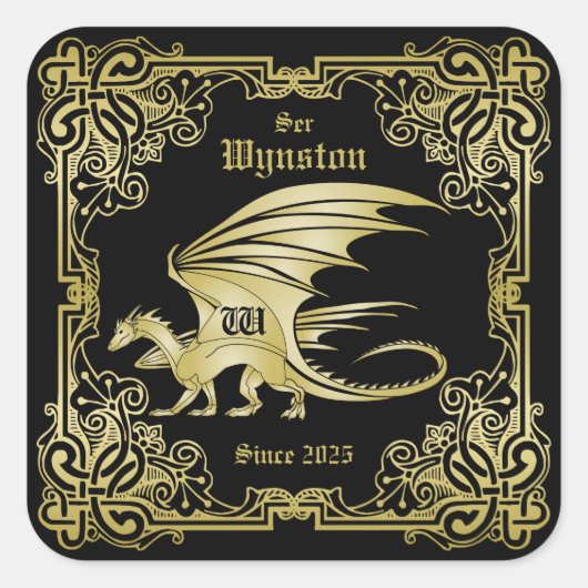 Dragon Monogram Gold Lijst Traditioneel Hoesje boe Vierkante Sticker (Voorkant)