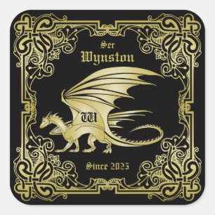 Dragon Monogram Gold Lijst Traditioneel Hoesje boe Vierkante Sticker