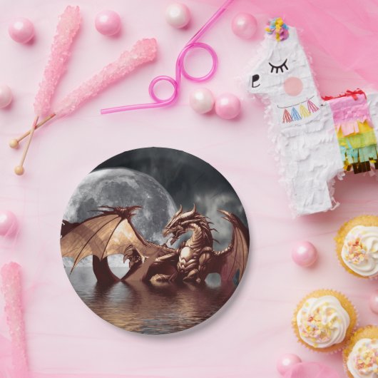 Dragon & Moon Fantasy kunstwerk Papieren Bordje (Feest)