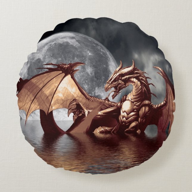Dragon & Moon Fantasy Mythical Rond Kussen (Voorkant)