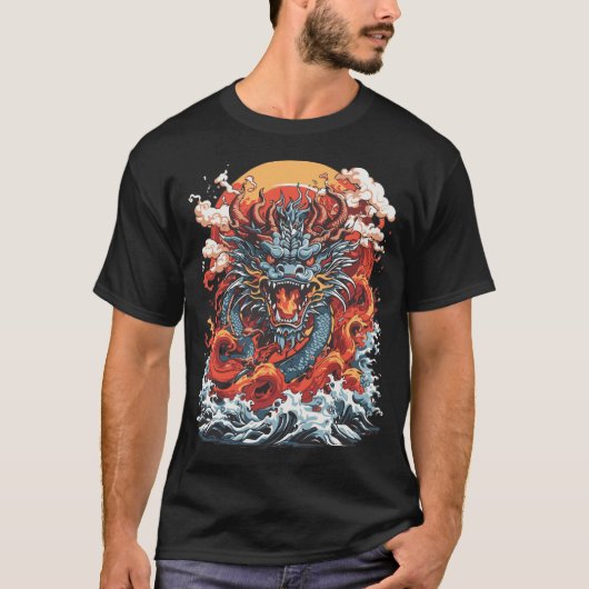 Dragon Ocean 2 Japanse stijl zwart T-shirt (Voorkant)