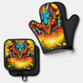 Dragon Oven Mitt en Pothouders Ovenwant & Pannenlap Set (Voorkant / Achterkant)