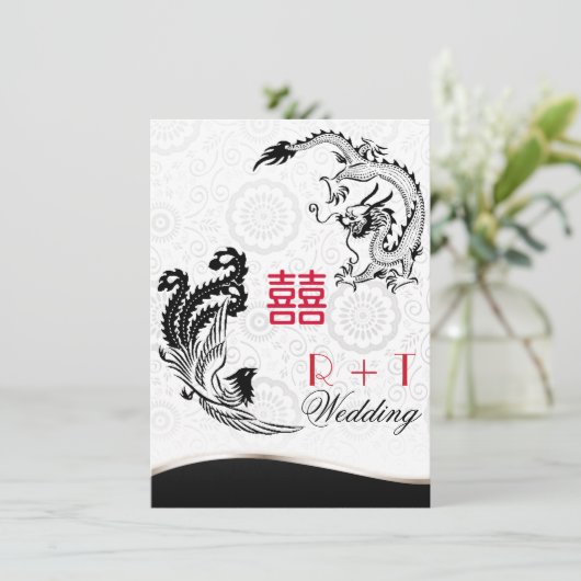 Dragon-Pheonix Dubbel Geluk Bruiloft Uitnodigen Kaart (Staand voorkant)