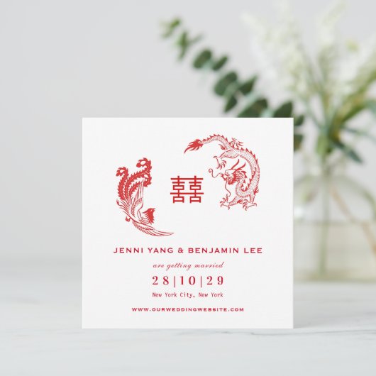 Dragon-Phoenix Chinees huwelijk bewaart de datum Kaart (Staand voorkant)