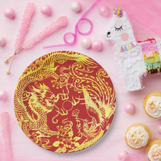 Dragon Phoenix Chinese bruiloft logo Papieren Bordje (Feest)