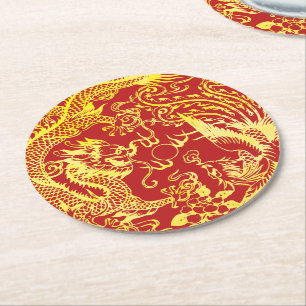 Dragon Phoenix Chinese bruiloft logo Ronde Kartonnen Onderzetter