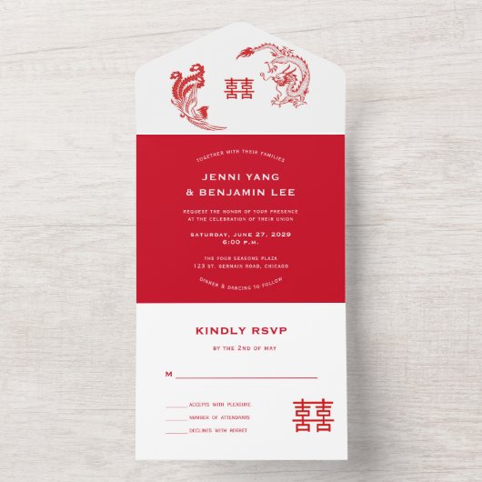 ©Dragon-Phoenix Chinese Wedding All In One Uitnodiging (Binnen)