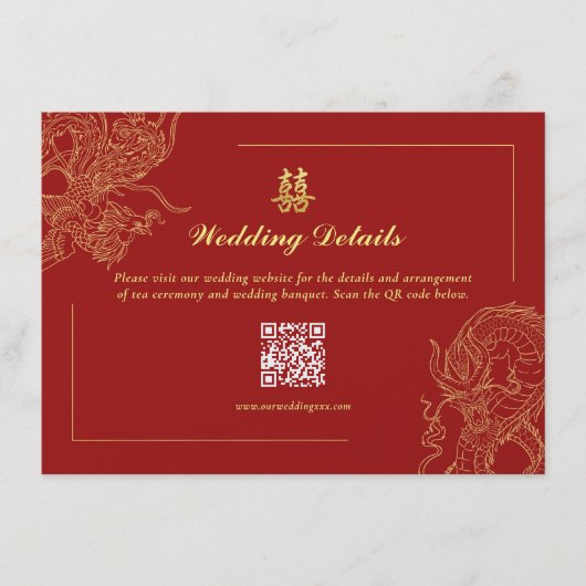 Dragon Phoenix Chinese Wedding details QR code Informatiekaartje (Voorkant)