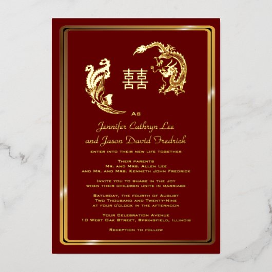 Dragon Phoenix Double Happiness Wedding Gold Folie Uitnodiging (Voorkant)