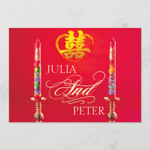 Dragon-Phoenix Red Candles Chinese Wedding Invites Kaart