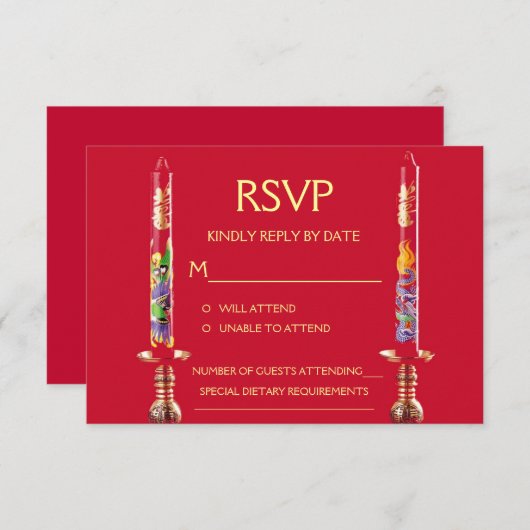 Dragon-Phoenix Red Candles Chinese Wedding RSVP (Voorkant / Achterkant)