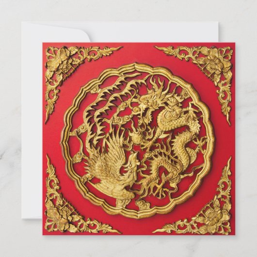 Dragon Phoenix Red Gold Chinese Weddenschap Kaart (Voorkant)