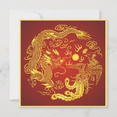 Dragon Phoenix Red Gold Chinese Weddenschap Kaart (Voorkant)