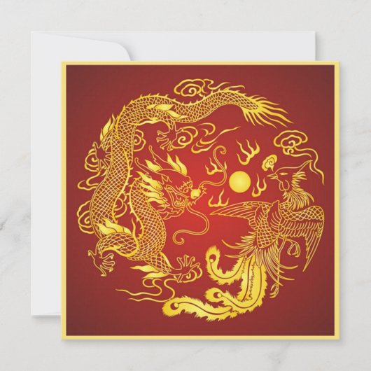 Dragon Phoenix Red Gold Chinese Weddenschap Kaart (Voorkant)