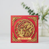 Dragon Phoenix Red Gold Chinese Wedding RSVP Kaart (Staand voorkant)