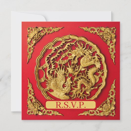Dragon Phoenix Red Gold Chinese Wedding RSVP Kaart (Voorkant)