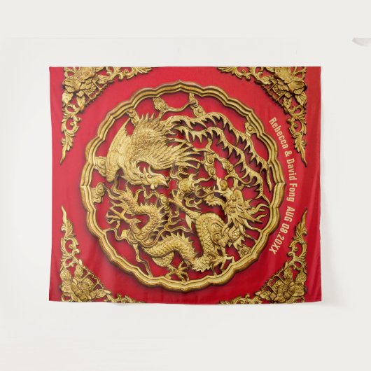 Dragon Phoenix Rood Goud Chinees Bruiloft Achtergr Wandkleed (Voorkant (horizontaal))