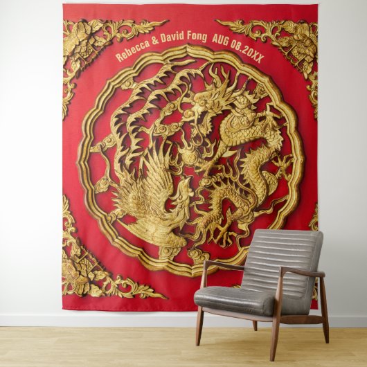 Dragon Phoenix Rood Goud Chinees Bruiloft Achtergr Wandkleed (In situ)