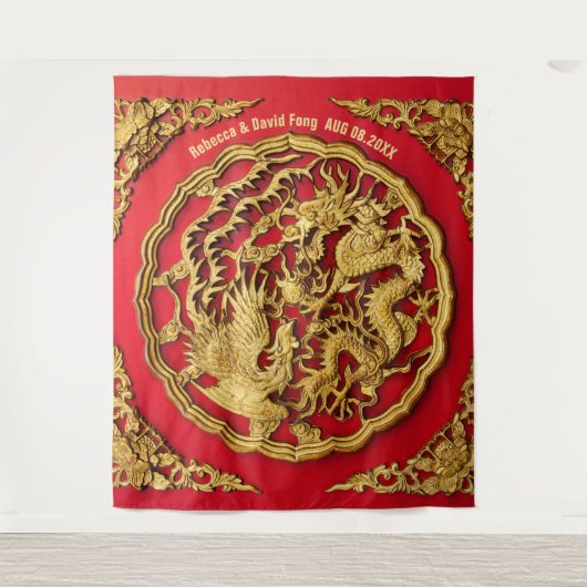 Dragon Phoenix Rood Goud Chinees Bruiloft Achtergr Wandkleed (Voorkant)