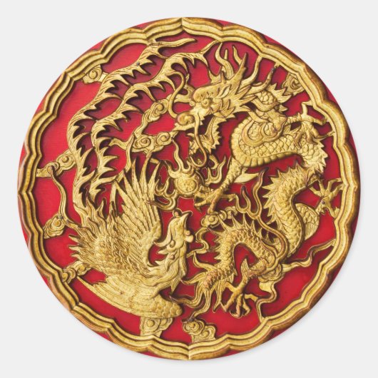 Dragon Phoenix rood goud Chinese bruiloft gunst Ronde Sticker (Voorkant)
