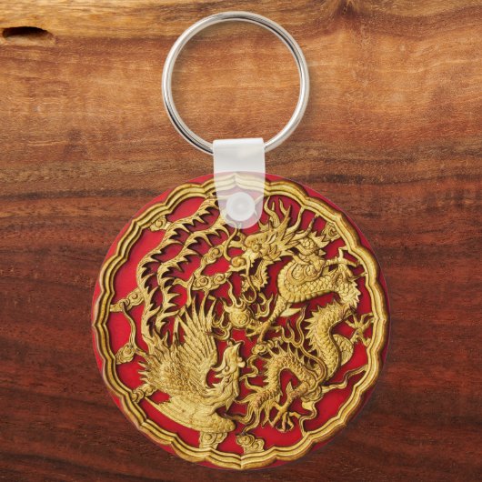 Dragon Phoenix rood goud Chinese bruiloft gunst Sleutelhanger (Voorkant)