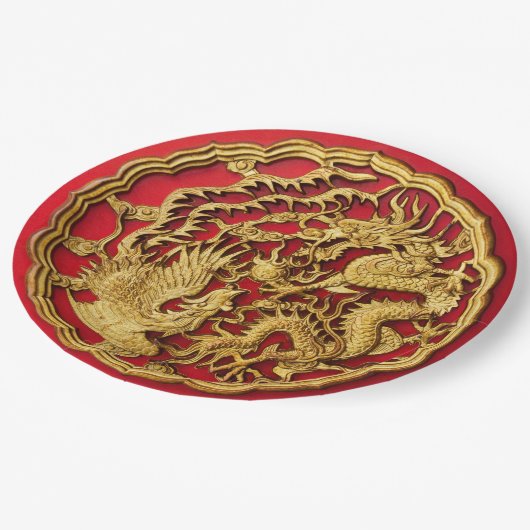 Dragon Phoenix rood goud Chinese bruiloft Papieren Bordje (Gekanteld)
