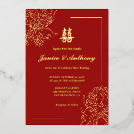 Dragon Phoenix Traditionele Rode Chinese bruiloft Folie Uitnodiging