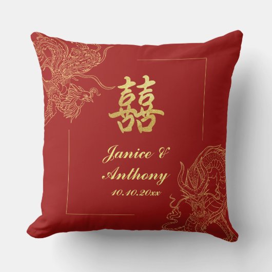 Dragon Phoenix Traditionele Rode Chinese bruiloft Kussen (Voorkant)